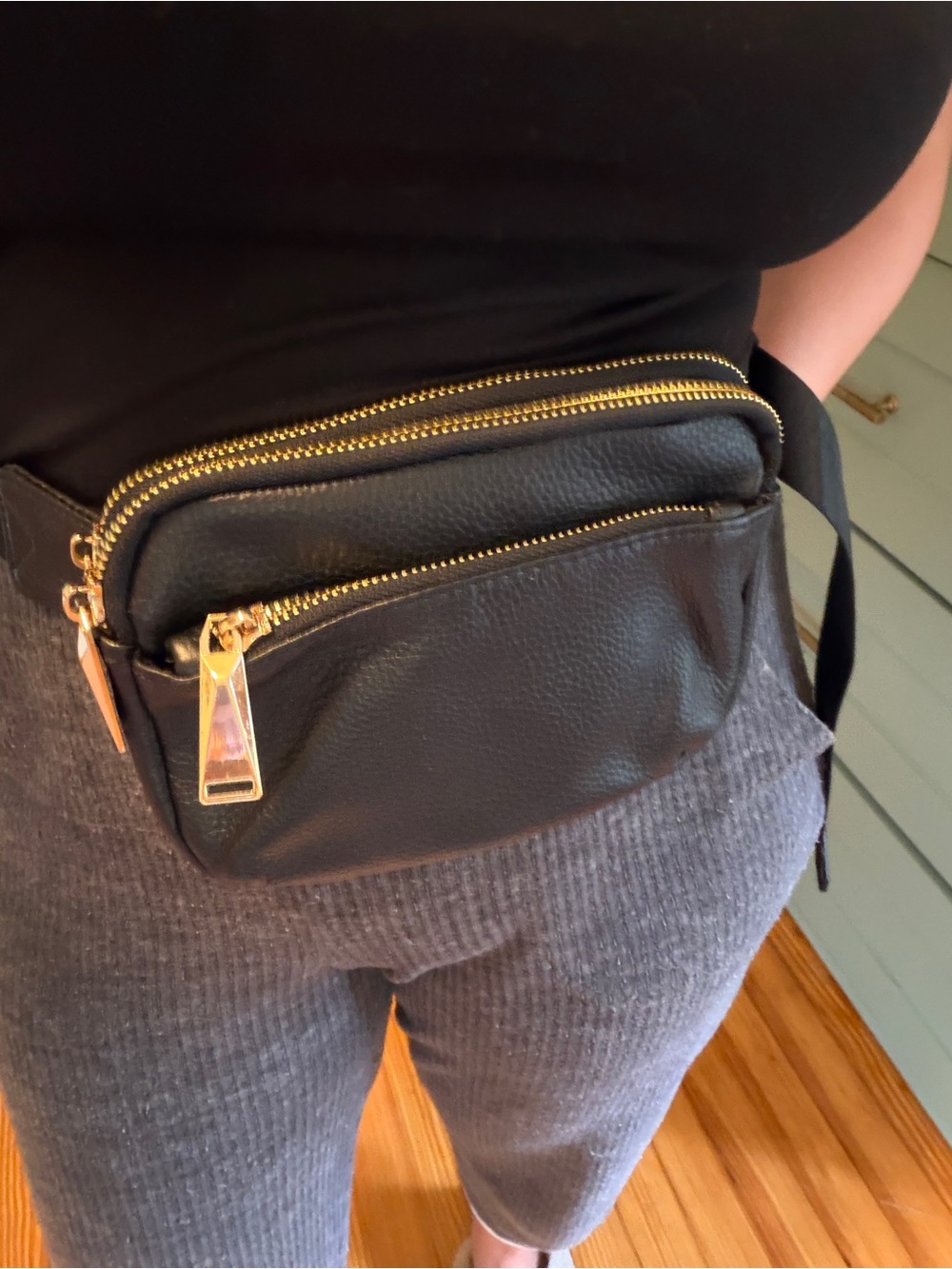 Black Faux Leather Gold-Zip Fanny Pack